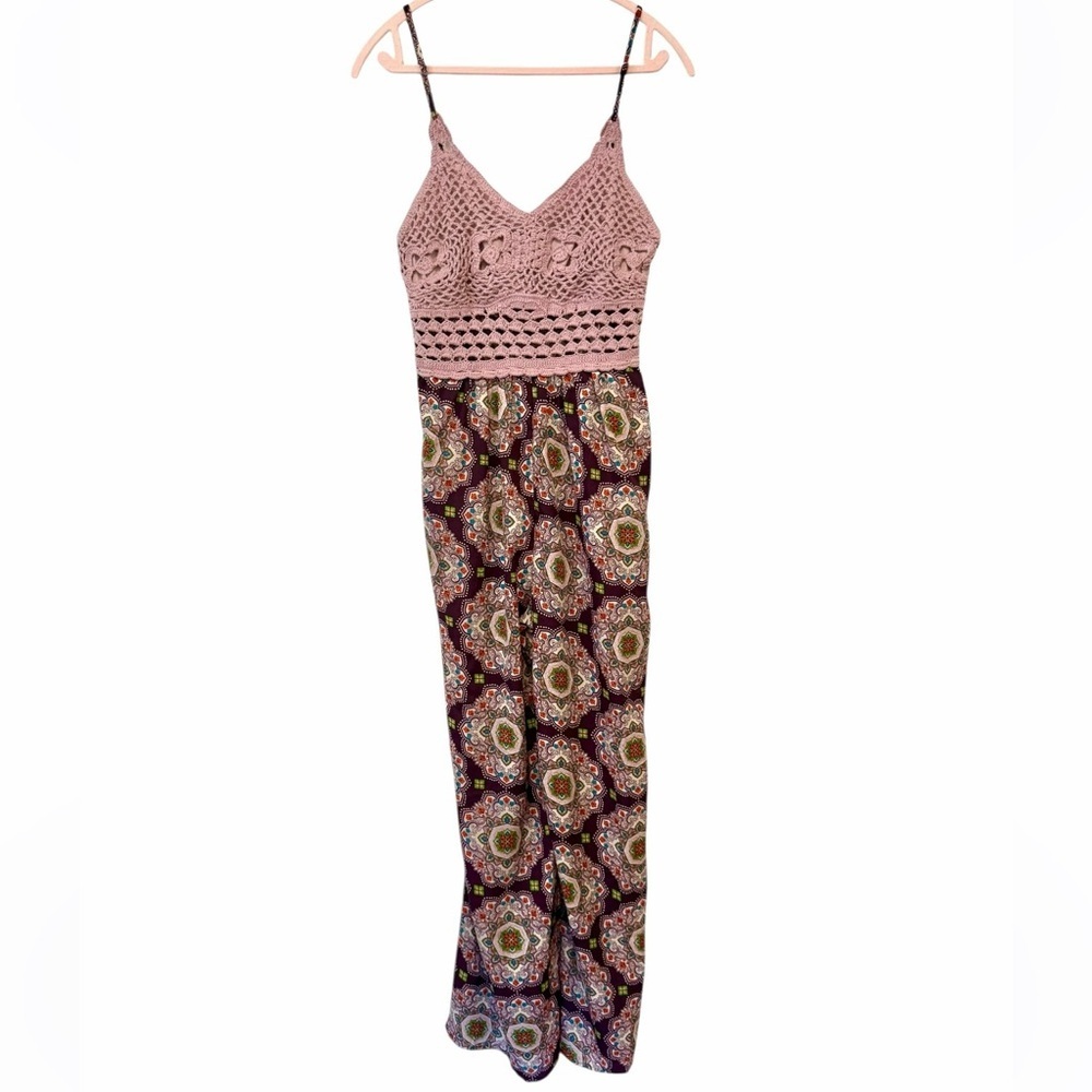 BOG Collective Purple Floral Crochet Wide Leg Smocked Pockets Bohemian Large